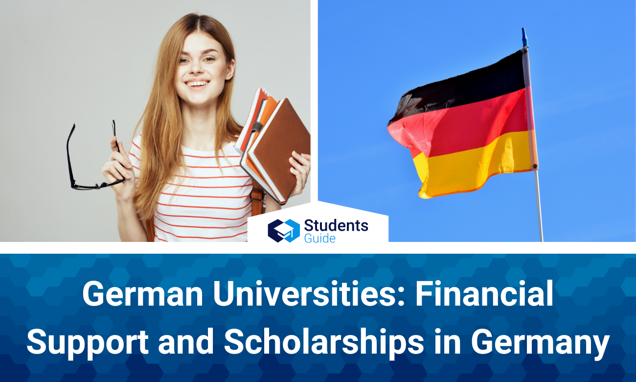 The photo shows the flag of Germany and a girl holding books and glasses.