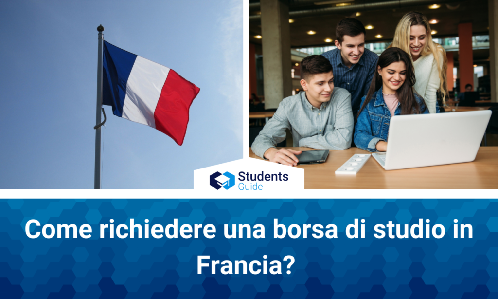 La photo montre le drapeau de la France et un groupe d'étudiants assis devant un ordinateur.