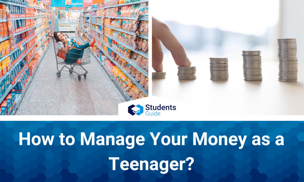 The photo shows a girl sitting in a shopping basket and a pile of money.