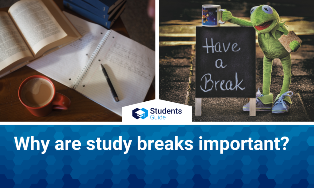 The photo shows a notebook with notes and a blackboard on which it says to take a break.